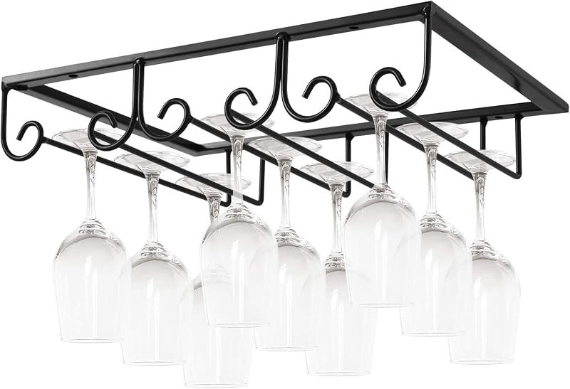 MOCOUM Under Cabinet Glass Rack, Stemware Hanger - 3 Rows Wine Glass Holder for Kitchen Cabinet Bar (Black) — wine