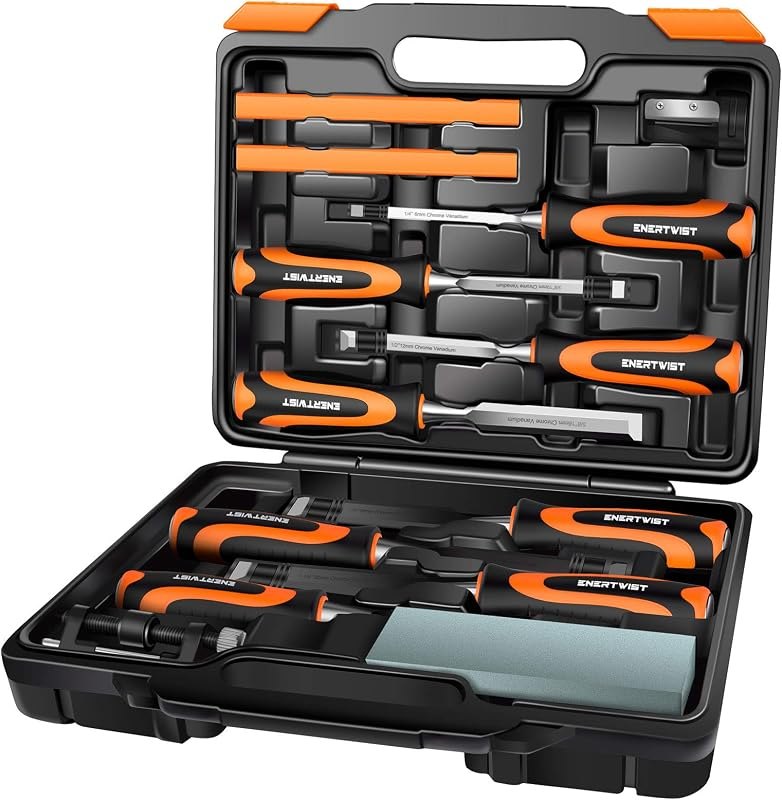 ENERTWIST 13pcs Wood Chisel Set, Premium Woodworking Chisel Sets w/ 8 CRV Construction Wood Chisels, 1 Sharpening