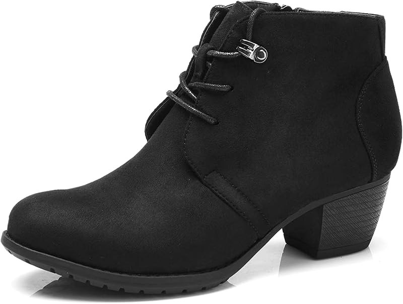 Women's Ankle Boots,Lace-up Round Toe Comfortable Low Heel Dress Booties with Side Zipper — block heel booties for