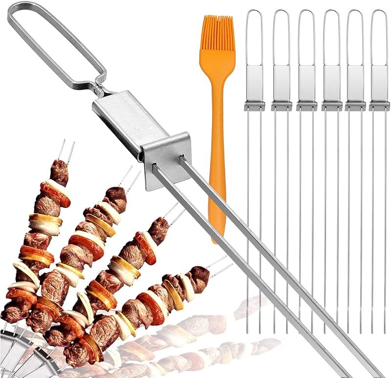 Skewers for Grilling- 17 inch (6 Pack) Double Pronged Flat Stainless Steel BBQ Skewer with Push Bar- Kabob Skewers