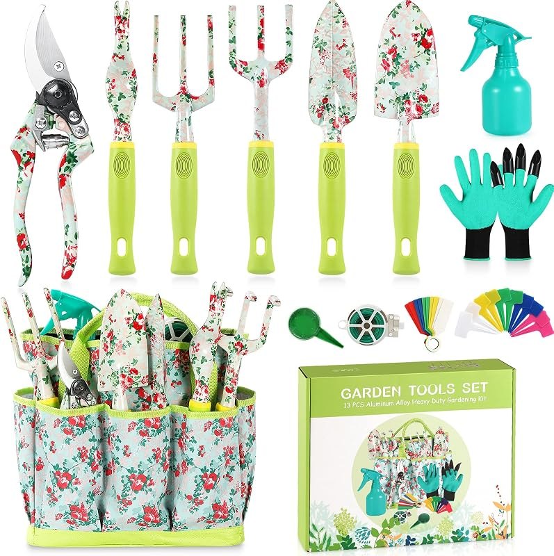 Gardening Tool Set - 13 PCS Heavy Duty Aluminum Gardening Tools Kit Floral Print Garden Tool Set with Non-Slip Rubber