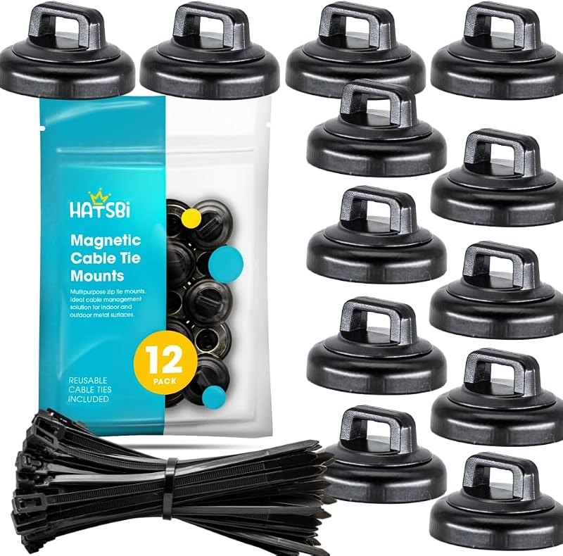 Magnetic Cable Zip Tie Mounts. Black. 12 Pack. Includes 12 Black Cable Zip Ties. Ideal for Cable Management — best