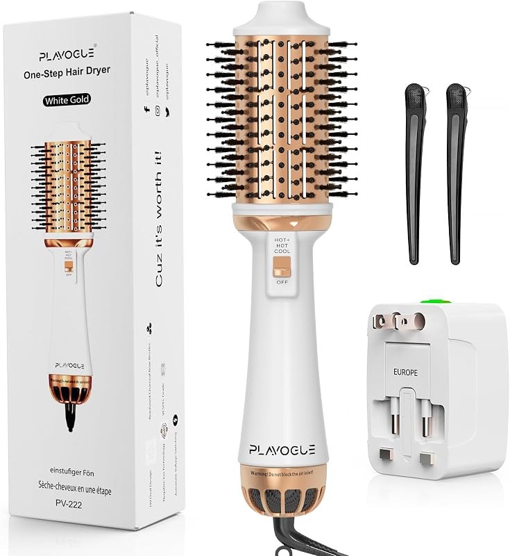 Plavogue Dual Voltage Blow Dryer Brush for European Travel,110V-240V Hot Air Brush with Volumizer, Negative Ionic