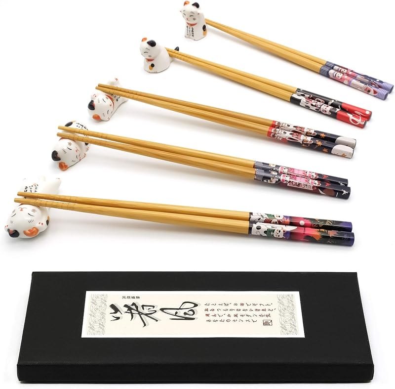 5-Pair Bamboo Chopsticks Set with Ceramic Cat Rest, Japanese-Style Gift Set — kitchen Japanese Chopsticks for kitchen