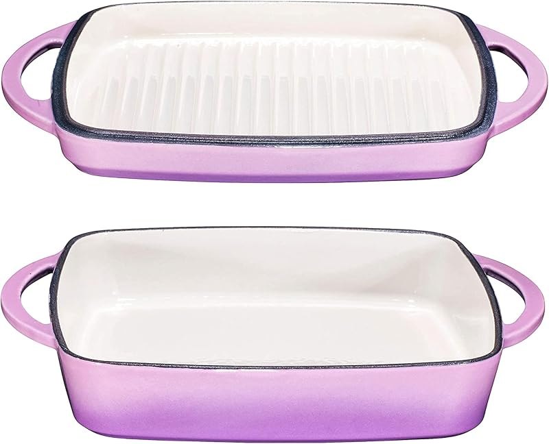 Bruntmor 2-in-1 Square Dutch Oven Casserole Dish with Lid, Dual Handles and Grill Pan for Baking, Braising and
