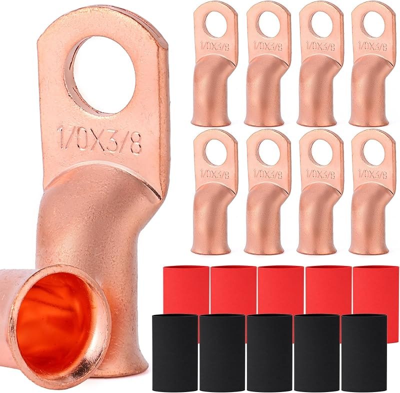 TKDMR 10 PCS 1/0 AWG - 3/8" Battery Cable Lugs Copper Wire Ring Terminals — copper crimp terminals for copper crimp