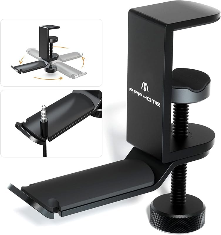 Under Desk Headphone Stand - 360 Degree Rotating Aluminum PC Gaming Headset Holder with Cable Organizer, Adjustable