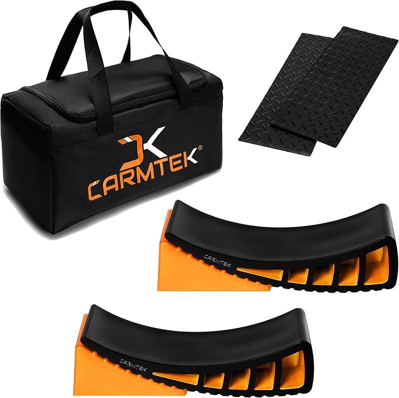 CARMTEK Camper Leveler Premium Kit - Curved RV Levelers with Camper Wheel Chocks, Rubber Mats and Carry Bag — rv slide