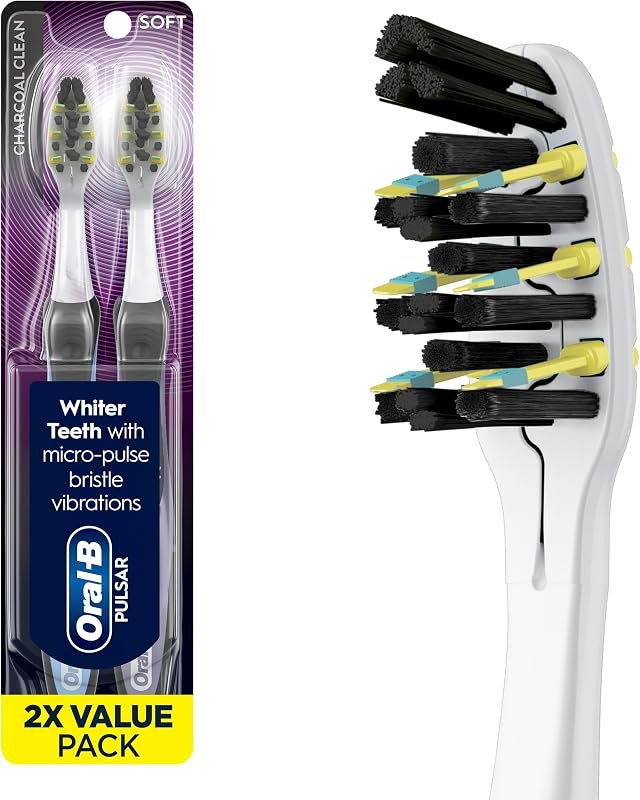 Pulsar Charcoal, Battery Electric Toothbrush, 2 Count Soft Toothbrush Pack, removes Plaque, Travel Essentials Tooth