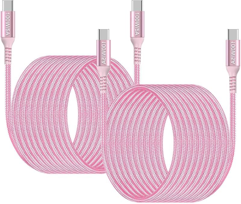 Awnuwuy 15ft USB C to USB C 100W Cable Pink (2-Pack), Long USB Type C Charger Fast Charging Braided Cable Compatible