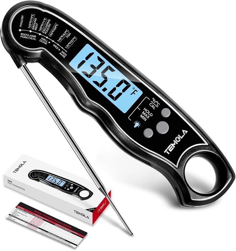 TEMOLA Meat Thermometer, Instant Read Food Thermometer with LCD Backlight Calibration, Waterproof Ultra Fast Digital
