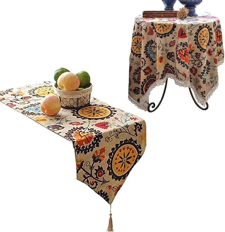Aothpher Modern Boho Floral Pattern 12x54 Inches Table Runner with Tassels and 24x24 Inches Tablecloths with Lace for