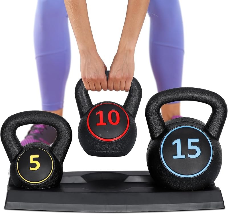 F2C 3-Piece Kettlebell Set with Storage Rack 5lb, 10lb, 15lb Weights HDPE Coated Concrete Kettlebells Core Training