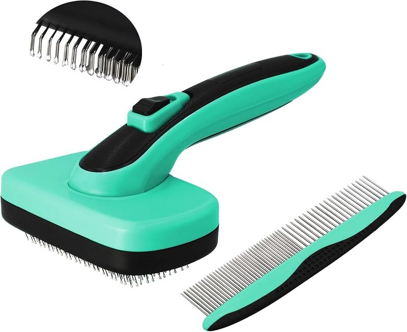 pain free bristle Self Cleaning Slicker Brush + FREE 7.5" Steel Comb for Small, Medium，Large dogs and cats,Easy to