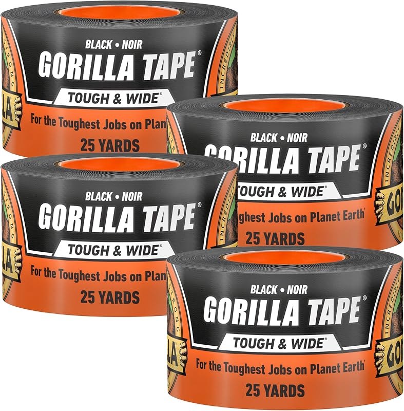 Gorilla Tape Tough & Wide, Black Tape, 2.88" x 25 yd (Pack of 4) - Heavy Duty and Weather Resistant for Indoor or