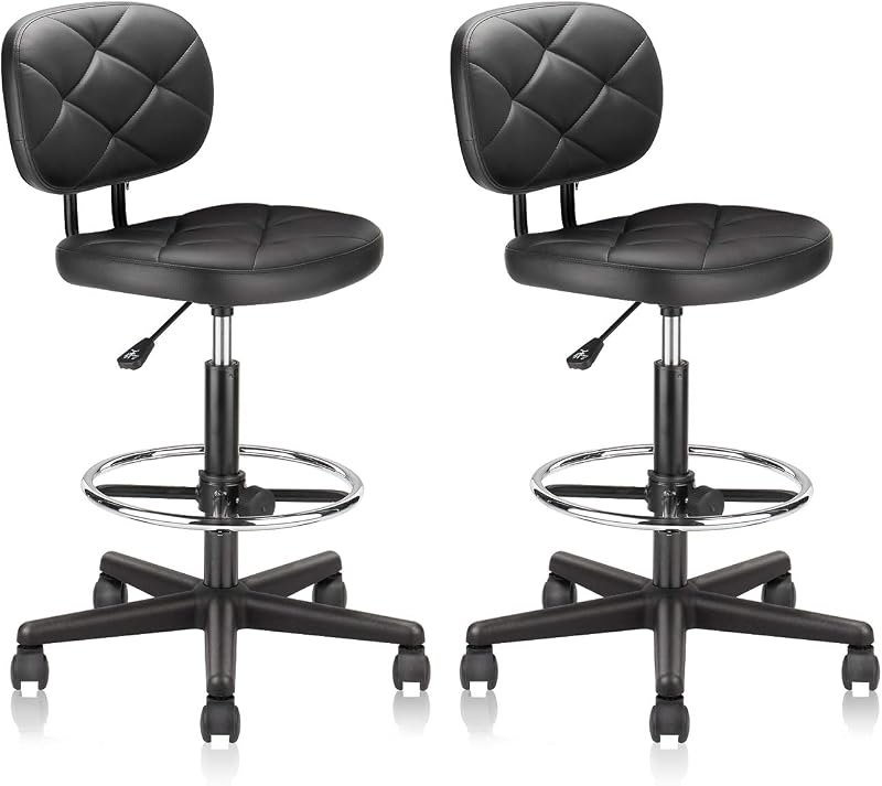 Tall Drafting Rolling Stool Chair with Low Back Support and Adjustable Foot Rest Ring Set of 2 PU Leather Vinly Wide