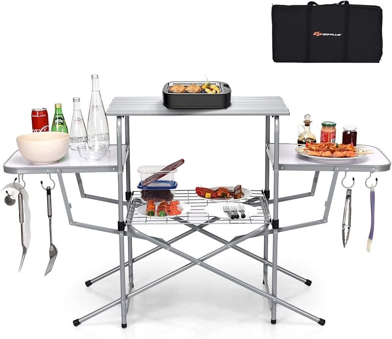 Goplus Folding Grill Table, Aluminum Camping Table with 26'' Main Tabletop, Hooks and Carry Bag, Portable Picnic Table