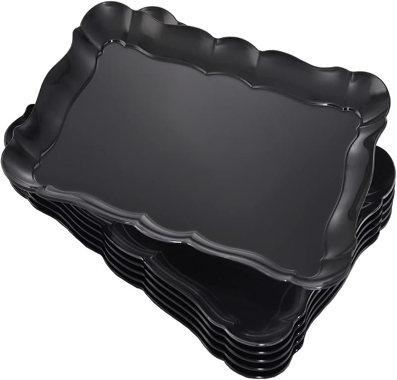 BBG 6 Pack Black Plastic Serving Trays, 15" x 10" Party Platters and Trays, Rectangle Black Plastic Serving Trays