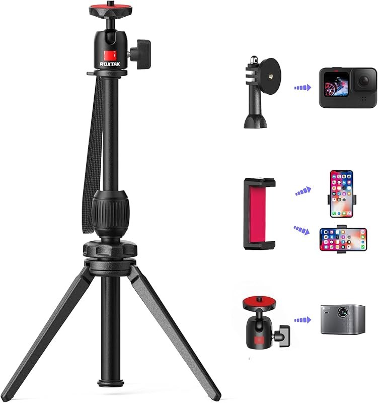 Camera Tripod, ROXTAK Selfie Stick Phone Tripod, Aluminum Alloy Portable Projector Tripod Stand with 360°Swivel Ball