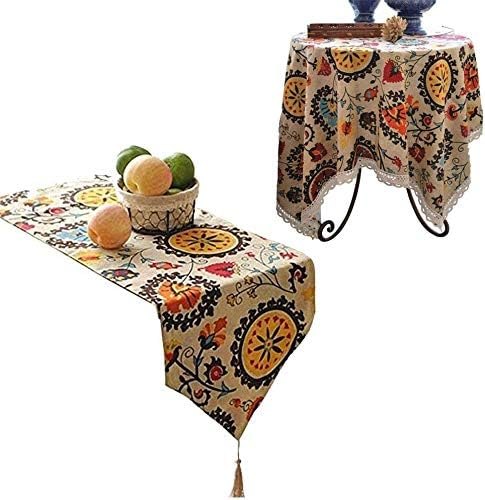 Aothpher Modern Boho Floral Pattern 12x54 Inches Table Runner with Tassels and 35x35 Inches Tablecloths with Lace for