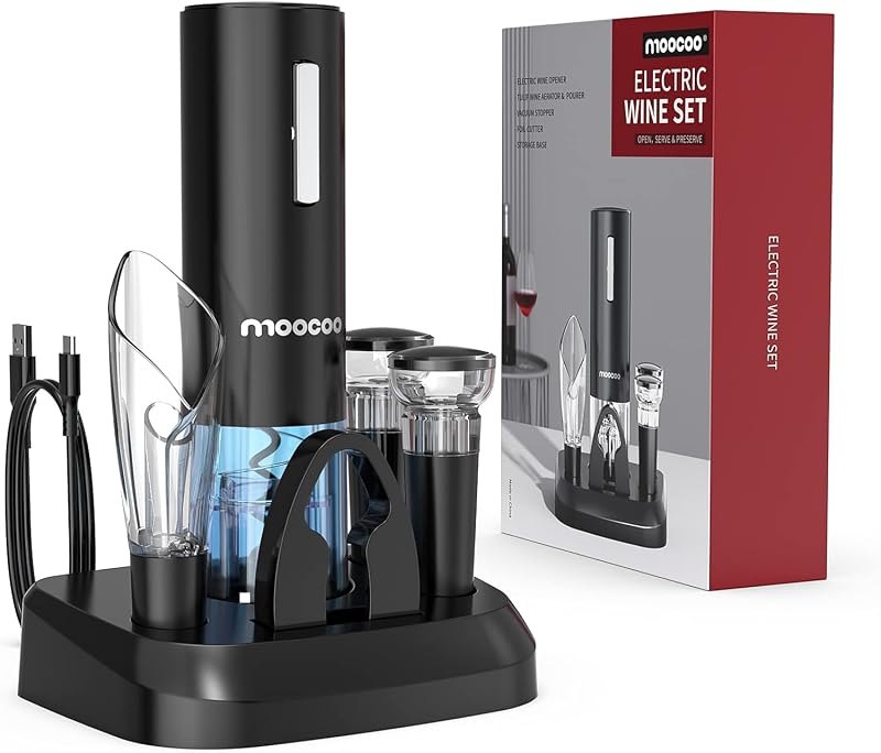 Moocoo Electric Wine Opener with Charging Base, Cordless Electric Wine Bottle Opener with 2-in-1 Aerator &Pourer, Foil