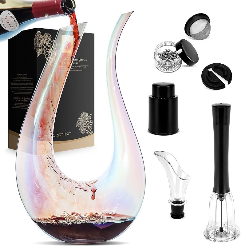 Wine Decanter Set, 1200ml Red Wine Iridescent Carafe With Bottle Opener, Stopper, Cleaning Beads and Wine Pour