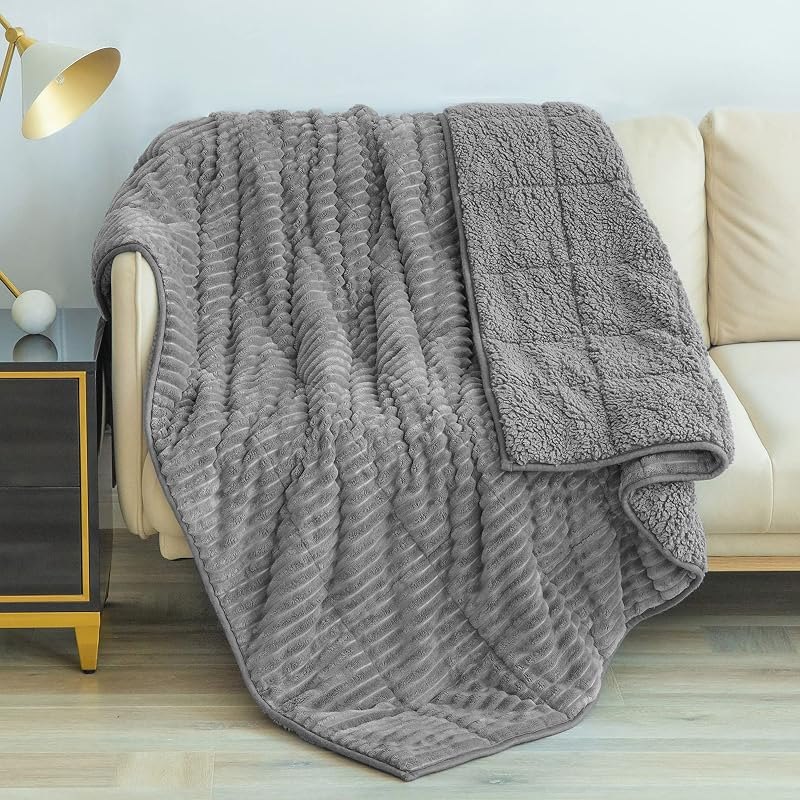 Coolplus Adults Weighted Blanket 15lbs 60×80 Inches Twin Full Size, Ribbed Fleece Flannel Heavy Blankets with Ceramic