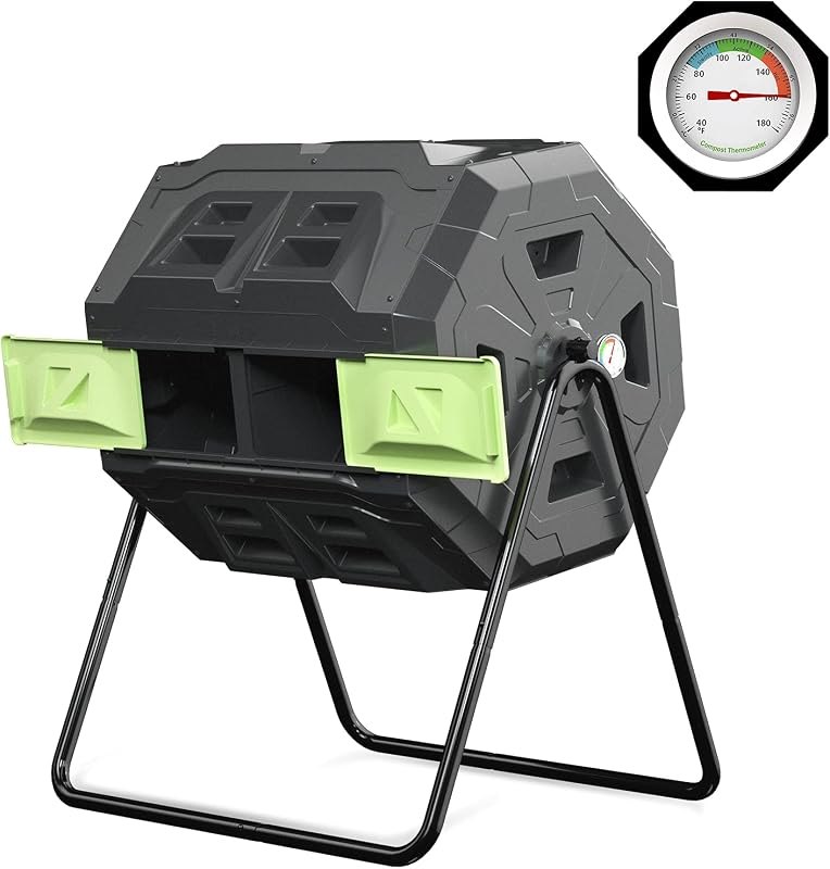 SQUEEZE master Large Compost Tumbler Bin - Outdoor Garden Rotating with Thermometer -Automatic Temperature