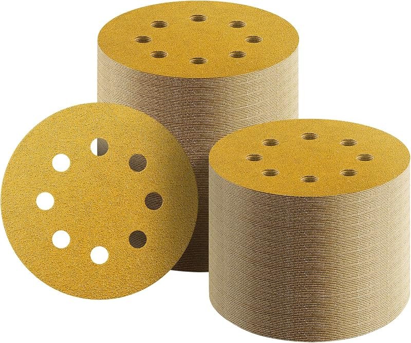 100 Pcs 5-Inch 8-Hole Hook and Loop Sanding Discs, 60/80/120/220/320 Assorted Grits Gold Sandpaper for Woodworking or