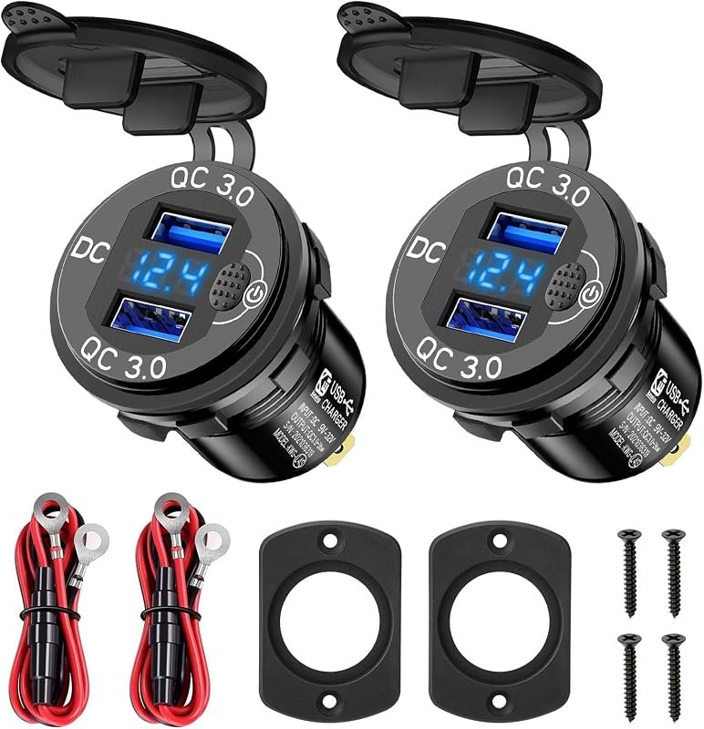 Linkstyle 2PCS 12V USB Outlet, Dual 18W QC3.0 USB A Ports Car Charger Socket with Botton Switch & Blue LED Voltmeter