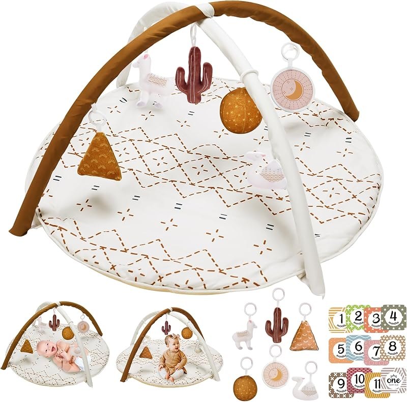 Tummy Time Activity Mat, Macrame Baby Play Gym Mat with 6 Detachable Toys and 12 Milestone Cards for Stage-Based