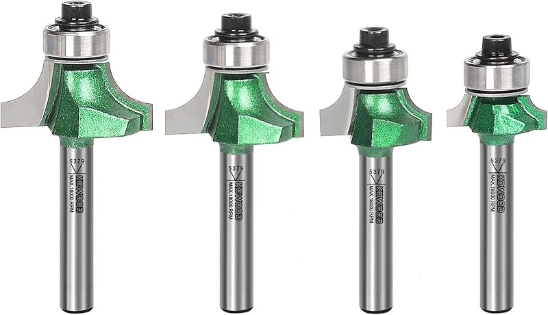 Pro Roundover Bit Set 4 Pcs, 1/4 Inch Shank Router Bit Set, R:1/8", 3/16", 1/4", 5/16",Designed for Woodworking