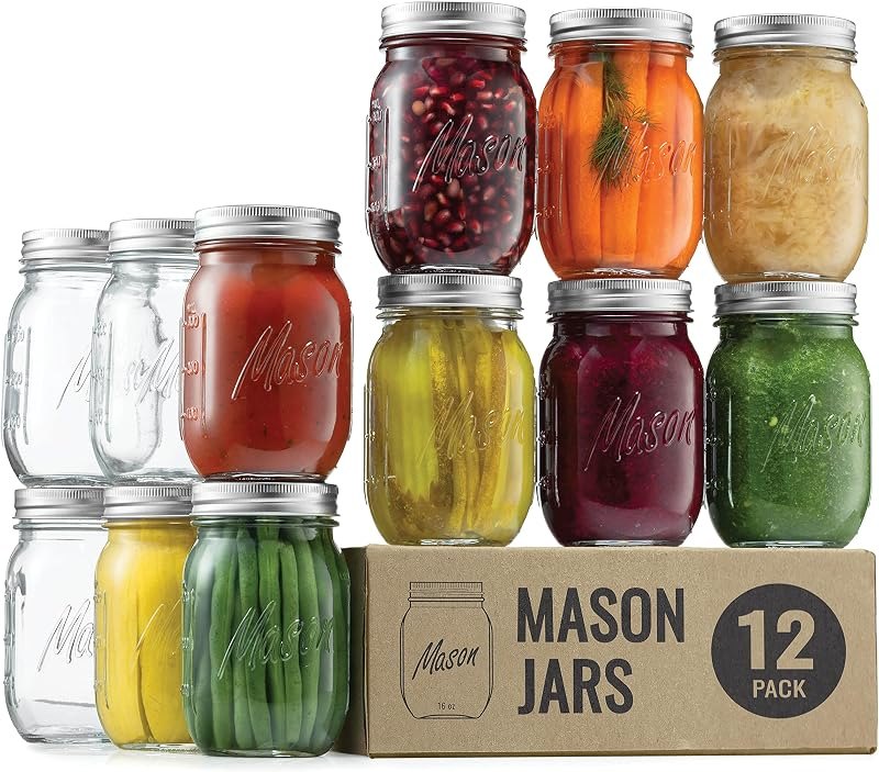 Paksh Novelty Mason Jars 16 oz - 12-Pack Regular Mouth Glass Jars with Lid & Seal Bands - Airtight Container for
