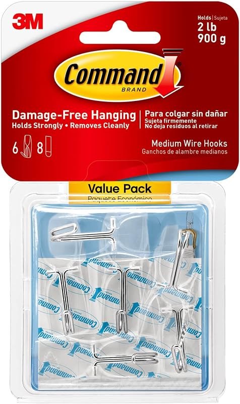 Medium Clear Wire Toggle Hooks, 6 Wall Hook and 8 Strips, Damage-Free Hanging with Adhesive, Great for Hanging