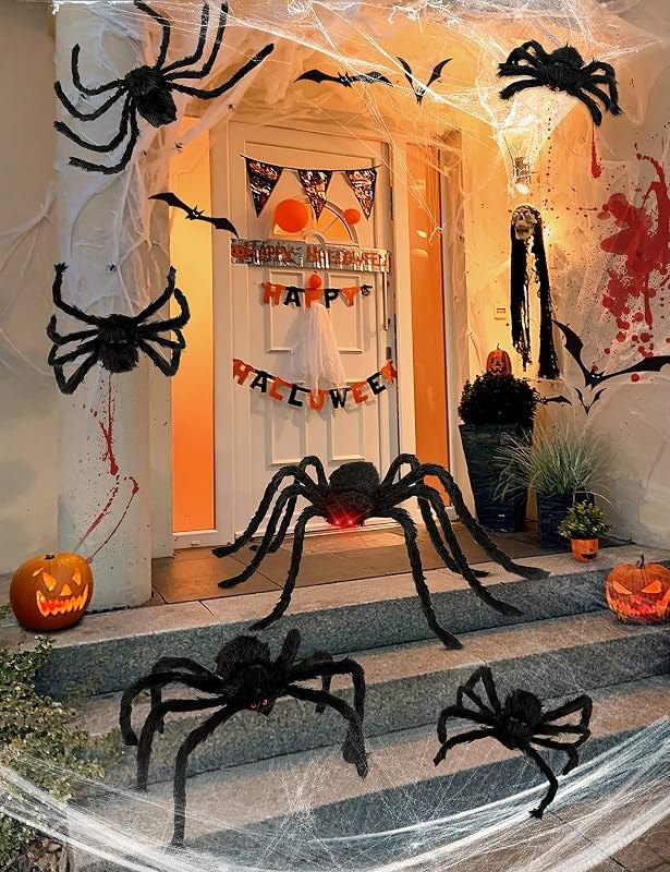 HOPOCO Halloween Plush Spider Set, 6 Pack Scary Fake Spiders in Different Sizes for Indoor Outdoor Halloween