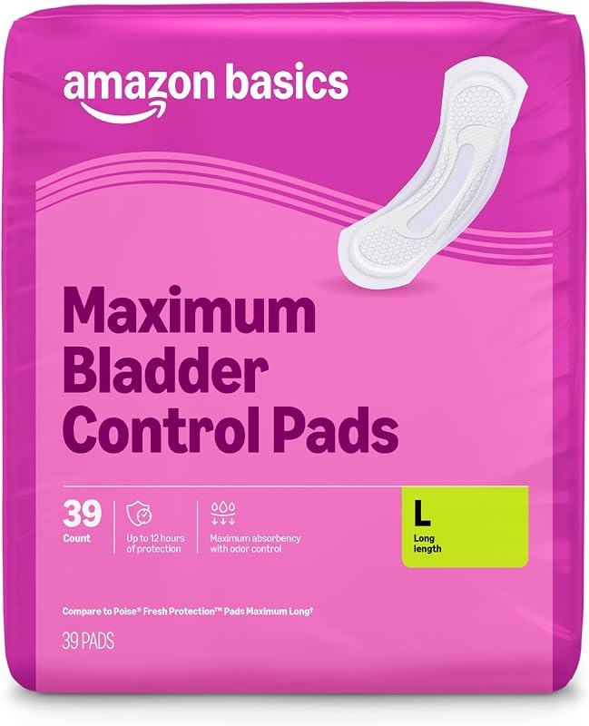 Amazon Basics Incontinence Pads for Women, Postpartum, Long, Maximum Absorbency, Bladder Control, Unscented, 39 Count