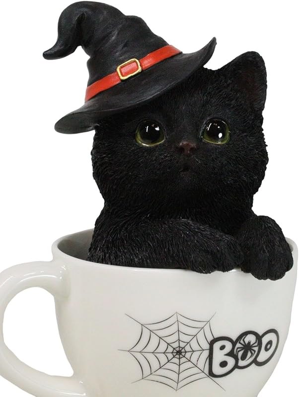Ebros Gift Witching Hour Halloween Black Cat with Witch Hat in Tea Cup Pet Pal Figurine — halloween witch statue for