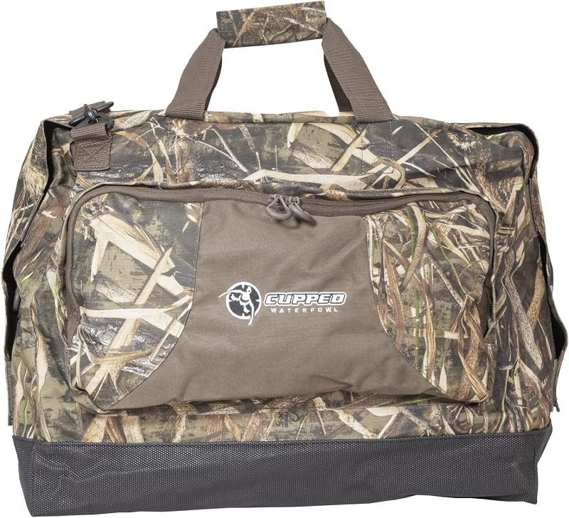 Cupped Waterfowl Camo Wader Storage Bag, Expandable Duck Hunting Wader Bag with Fold-Out Neoprene Mat and Waterproof