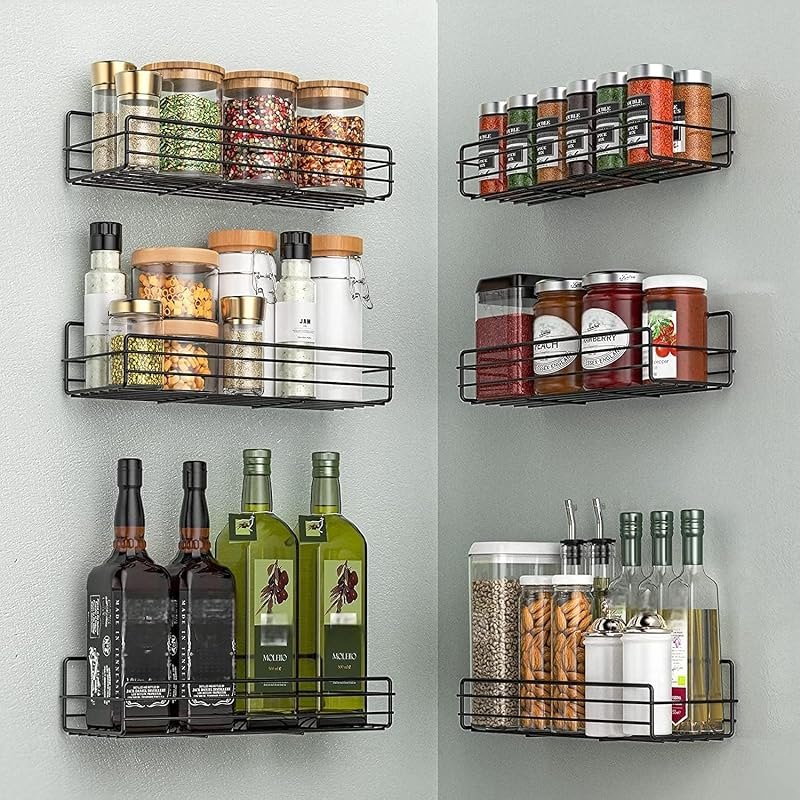 Moforoco Spice Rack Organizer Wall Mount (6Pack), Hanging Black Spice Pantry Organization Storage Shelf, Farmhouse