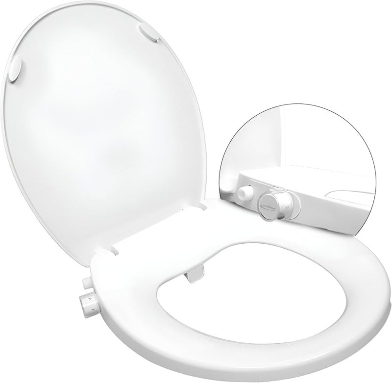 GenieBidet Right Side Bidet Toilet Seat Round - Round Bidet Toilet Seat with Adjustable Self-Cleaning Nozzles