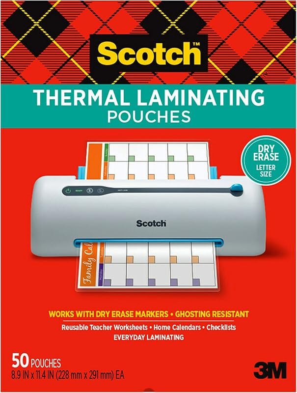 Scotch dry erase Thermal Laminating Pouches, 50-Pack, Works with Dry Erase Markers, Reuseable Worksheets, Calendars