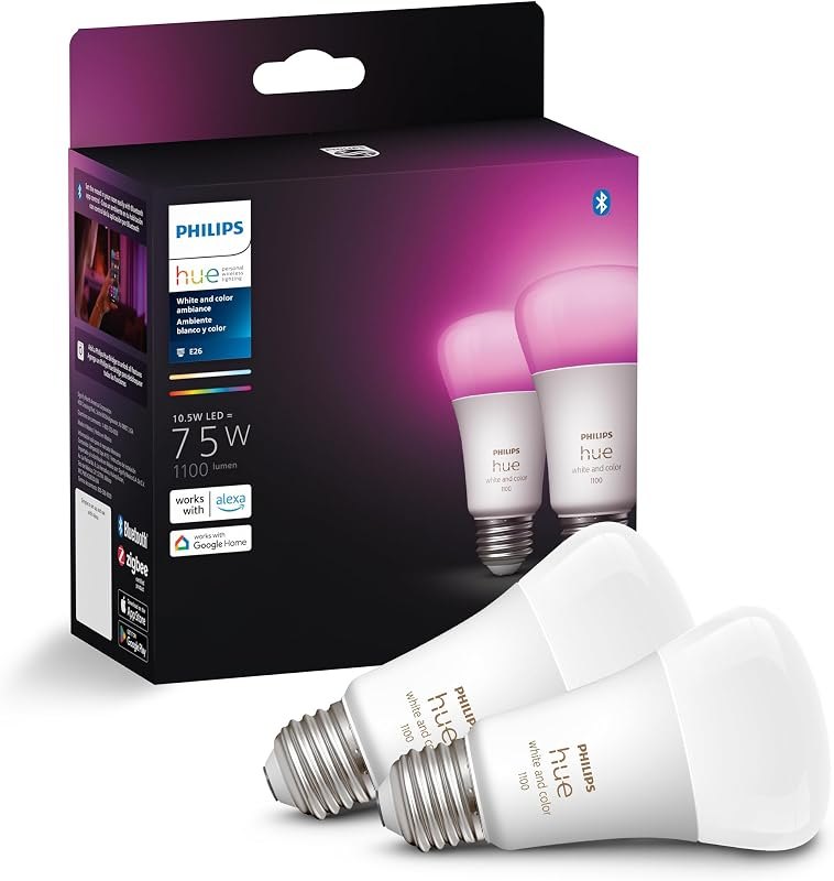 Philips Hue A19 LED Smart Light Bulbs - Flicker-Free 75w Light Bulbs - Control with Hue App - Compatible with Alexa