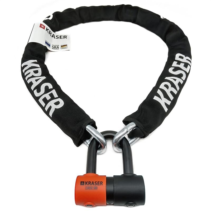 KRASER KR50150 High Security Anti Theft Chain Lock for Motorcycles + Mini U Disc Lock ø13.5/0.53in, SRA Approved