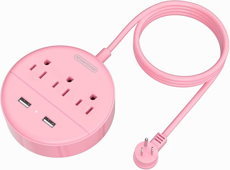 10 ft Long Extension Cord Power Strip with USB, NTONPOWER Pink Charging Station with 3 Outlet and 2 USB, Travel Power