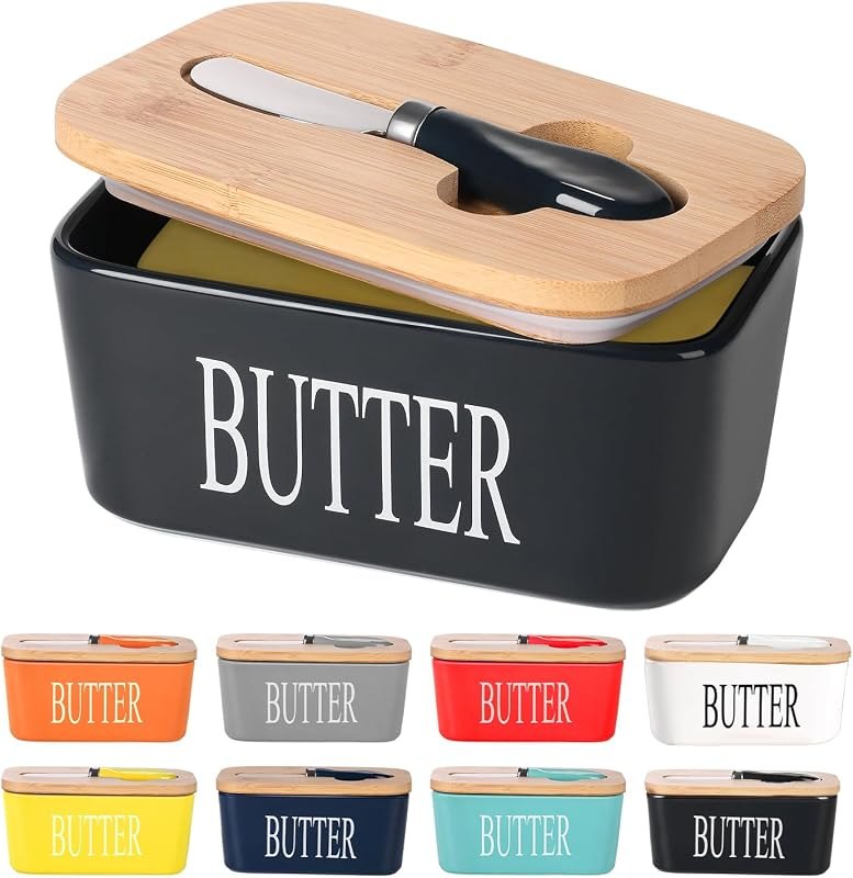 Ceramic Butter Dish with Bamboo Lid and Stainless Steel Knife Spreader — Herb Butter Baking Dish for herb butter
