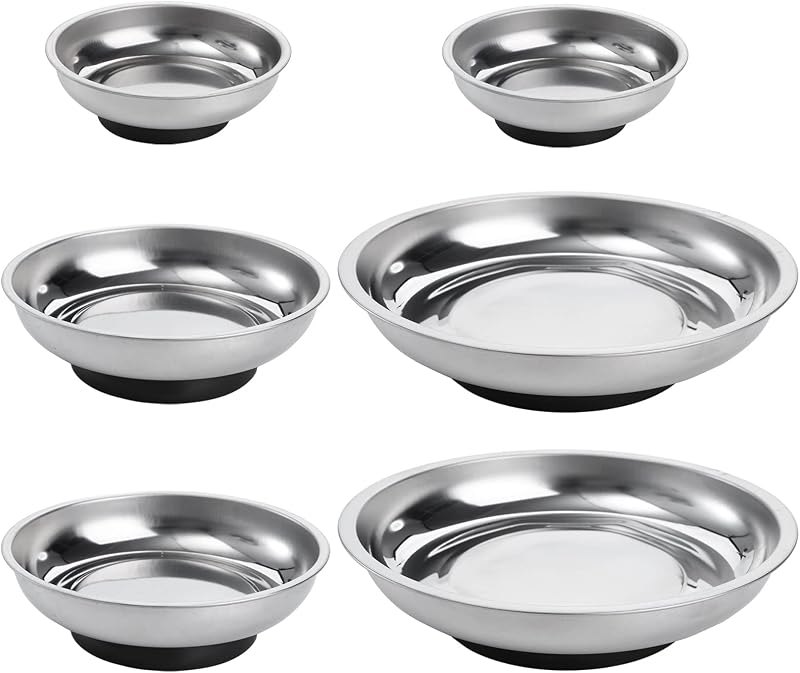 Hedume 6-Piece Magnet Trays Set, 3" 4" 6" Round Magnetic Parts Tray, Stainless Steel Magnetic Trays Tools Parts Tray