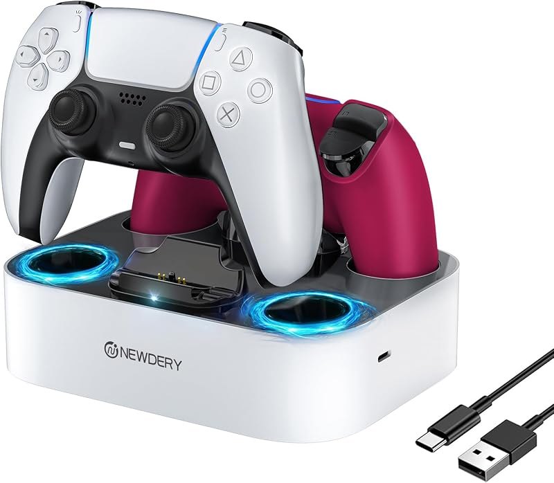 NEWDERY for PS5 Controller Charger Station Compatible with Dualsense Edge, Fast Charging Dock Stand with Cable, Dual