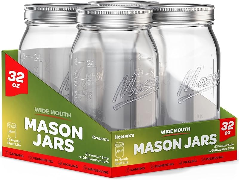 SEWANTA Wide Mouth Mason Jars 32 oz [4 Pack] With Mason Jar Lids and Bands, Mason Jars 32 oz - For Canning
