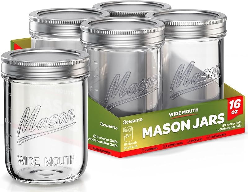 SEWANTA Wide Mouth Mason Jars 16 oz [5 Pack] With Mason Jar Lids and Bands, Mason Jars 16 oz - For Canning
