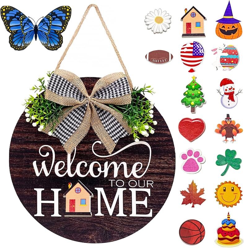 Interchangeable Seasonal Welcome Sign Front Door Decorations, Round Wood Wreath for Outdoor, Farmhouse, Porch Perfect